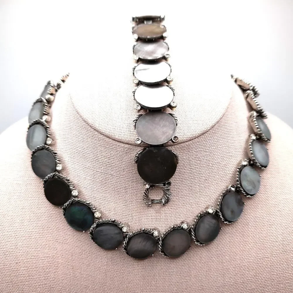 Vintage Lisner Mother of Pearl Necklace Bracelet Set, 1960s Rhinestone Jewelry